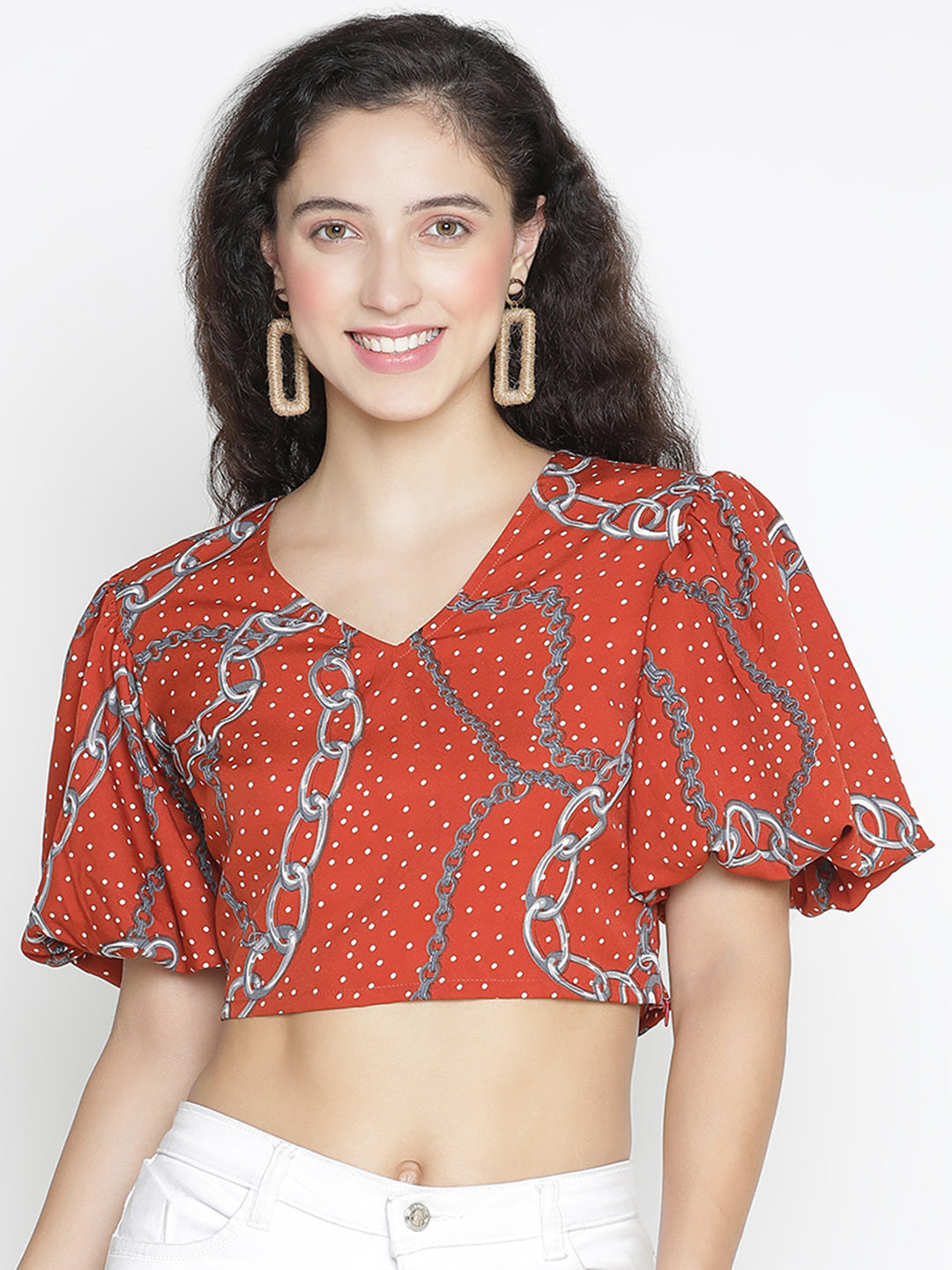 Crop Top,Red Top,Crop Top,V-Neck Top,Short Sleeves Top,Red Printed Top