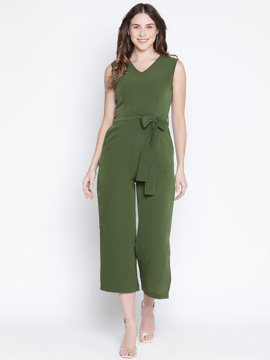 Ankle Length,Green Jumpsuit,Ankle Length Jumpsuit,V-Neck Jumpsuit,Short Sleeves Jumpsuit,Green Solid Jumpsuit