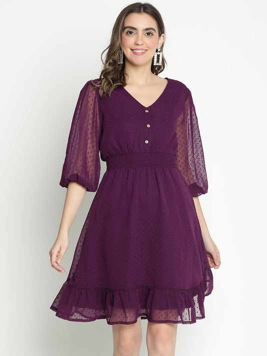 Knee Length,Purple Dress,Knee Length Dress,V-Neck Dress,Quater Sleeves Dress,Purple Solid Dress