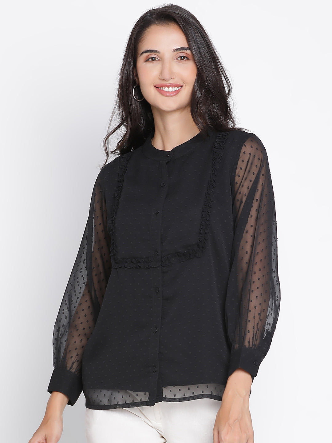 Regular,Black Top,Regular Top,Round Neck Top,Full Sleeves Top,Black Solid Top