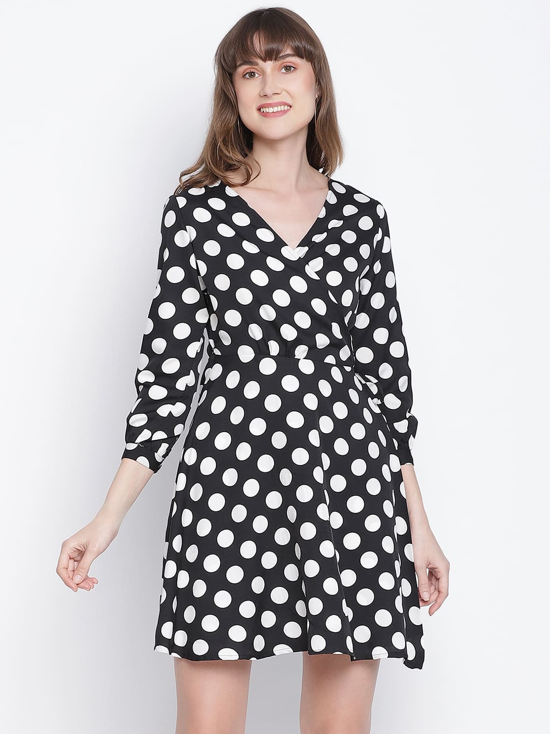 Knee Length,Black Dress,Knee Length Dress,V-Neck Dress,Quater Sleeves Dress,Black Polka Dots Dress