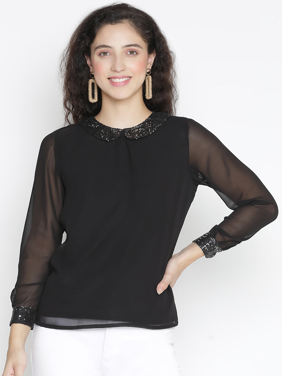 Regular,Black Top,Regular Top,Collared Neck Top,Full Sleeves Top,Black Solid Top