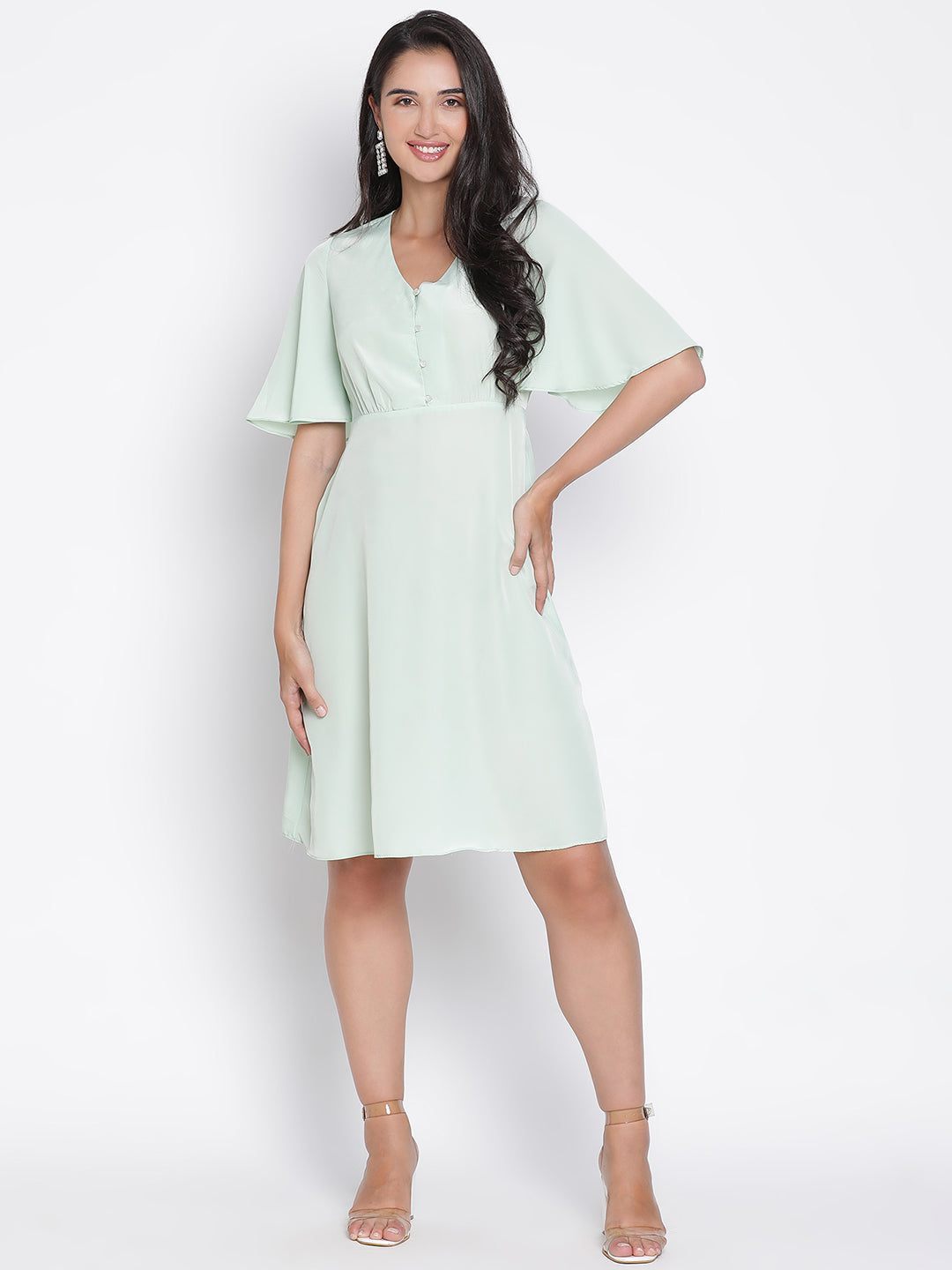 Knee Length,Green Dress,Knee Length Dress,V-Neck Dress,Short Sleeves Dress,Green Solid Dress