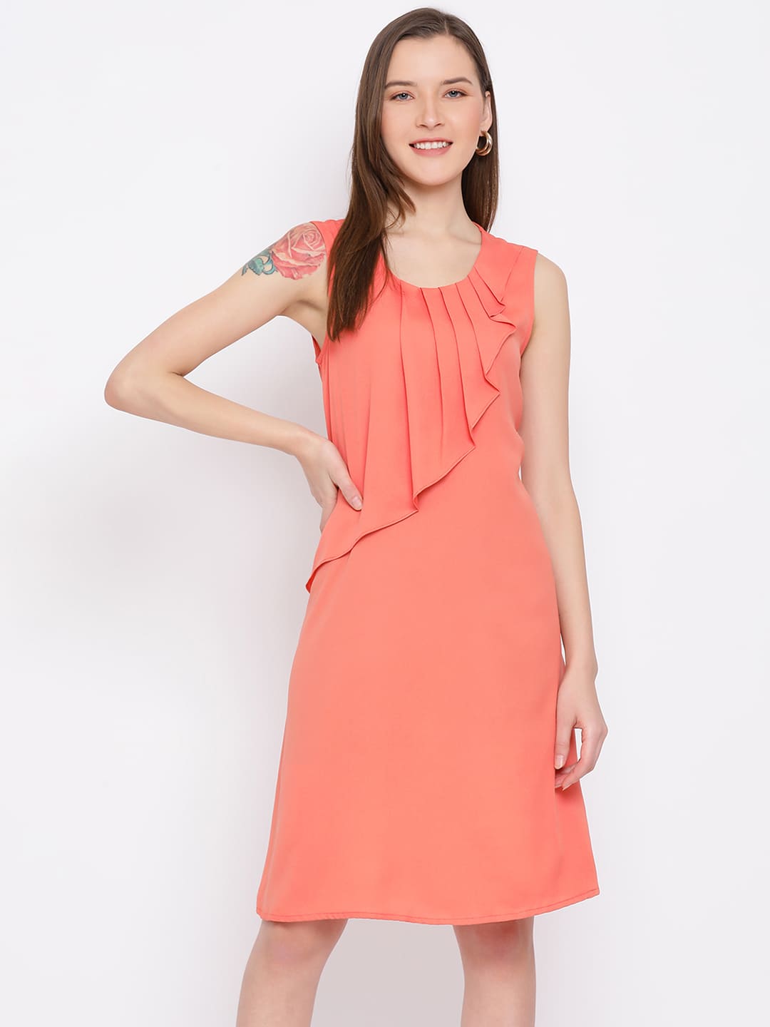 Knee Length,Orange Dress,Knee Length Dress,Round Neck Dress,Sleeveless Dress,Orange Solid Dress