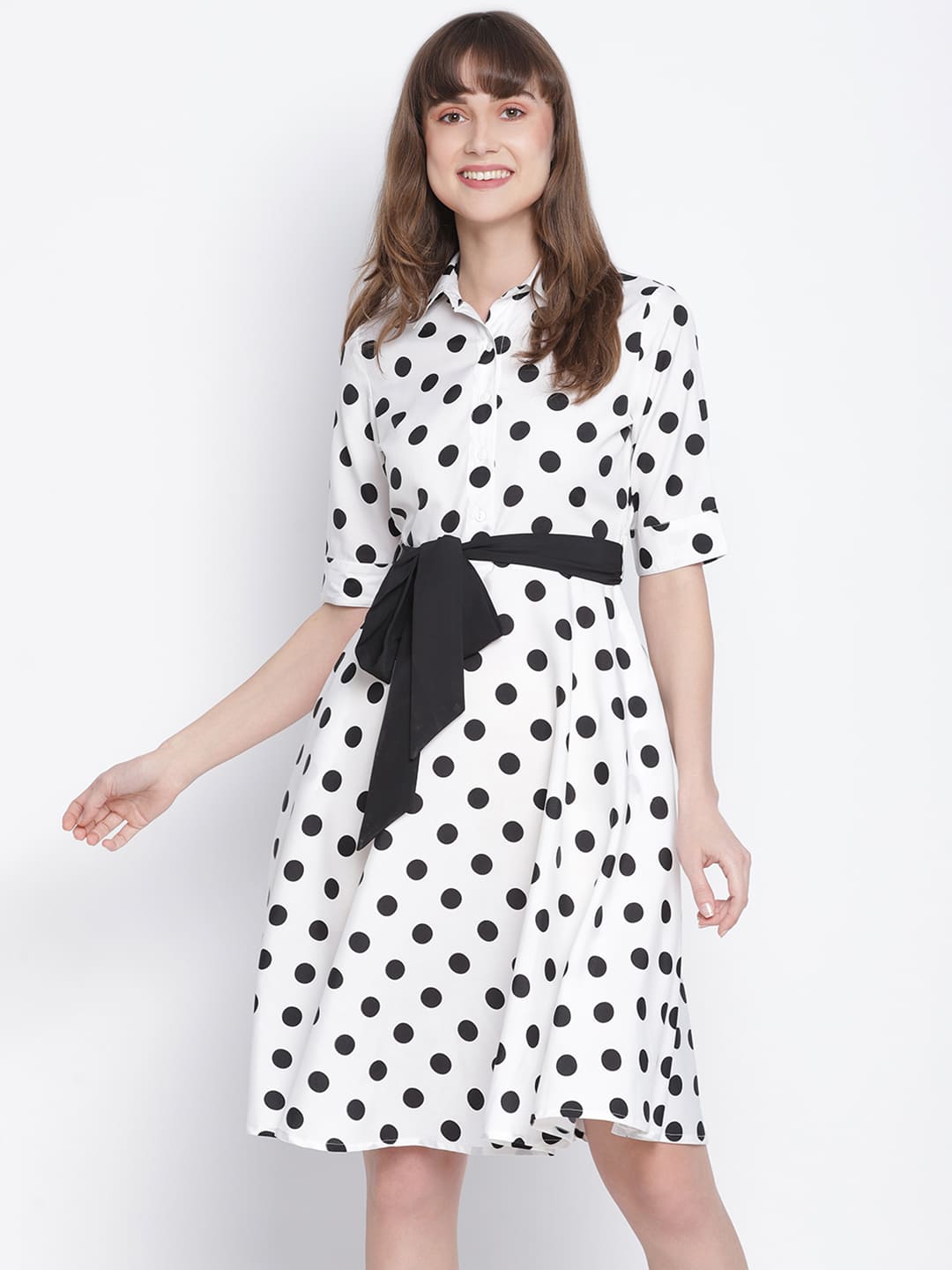 Knee Length,White Dress,Knee Length Dress,Collared Neck Dress,Short Sleeves Dress,White Polka Dot Dress