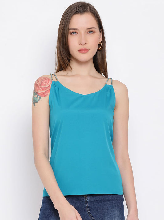 Spaghetti Top,Blue Top,Spaghetti Top,Round Neck Top,Sleeveless Top,Blue Solid Top