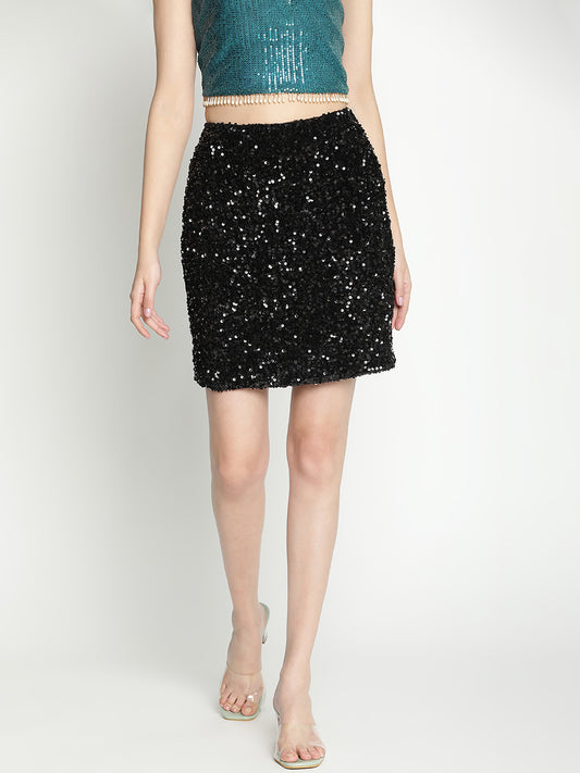 Above Knee,Black Skirt,Above Knee Skirt,Black Sequined Skirt