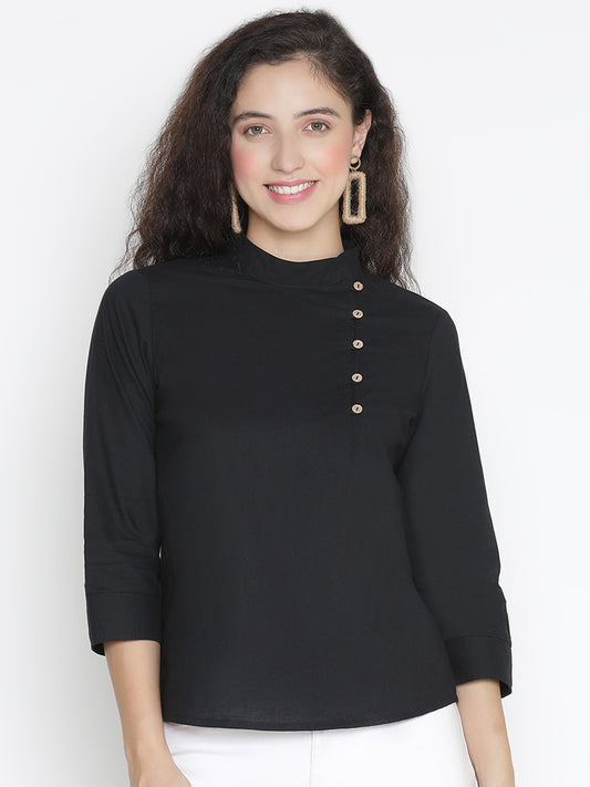 Regular,Black Top,Regular Top,Collared Neck Top,Quater Sleeves Top,Black Solid Top