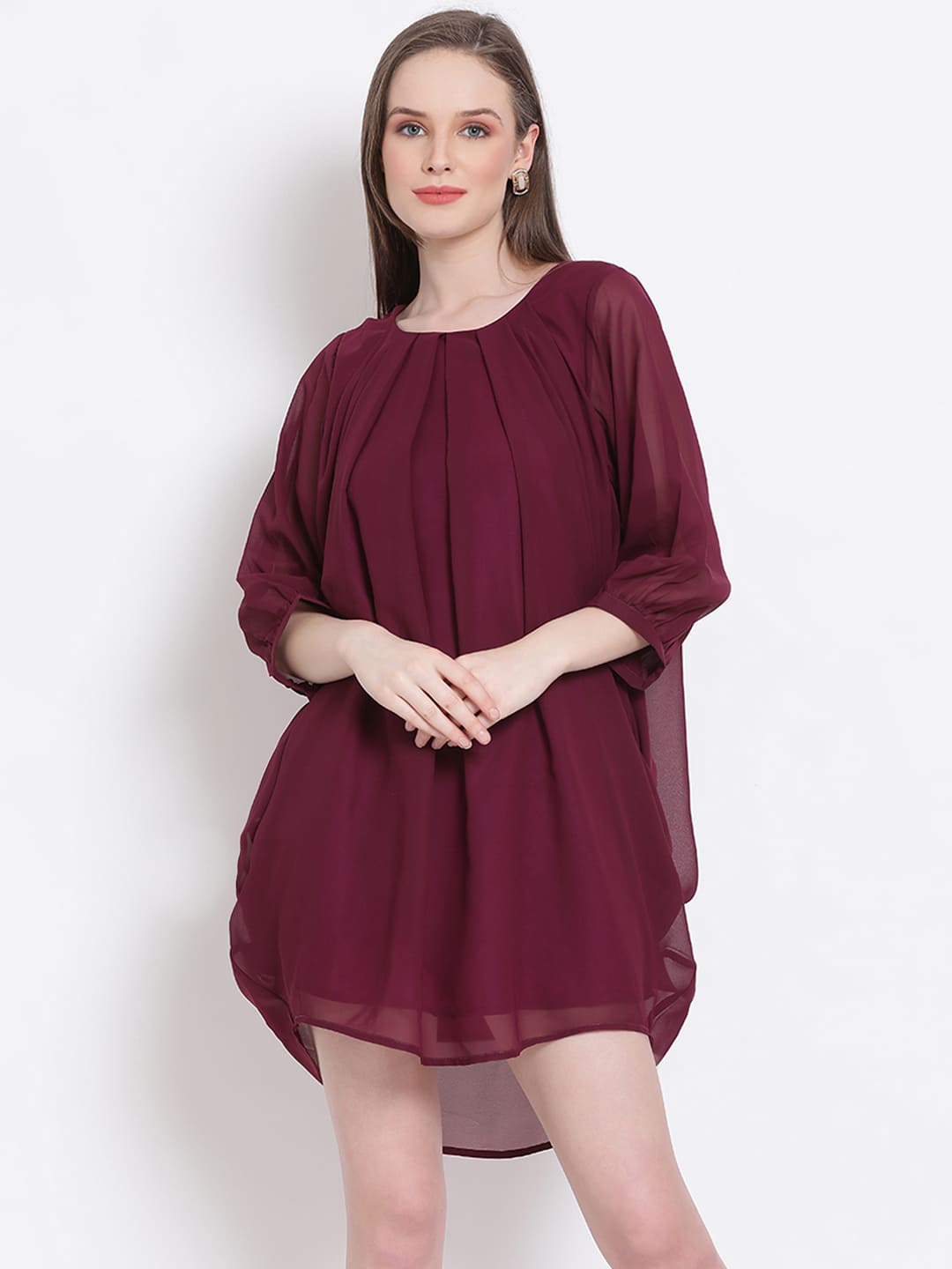 Above Knee,Maroon Dress,Above Knee Dress,Round Neck Dress,Quater Sleeves Dress,Maroon Solid Dress