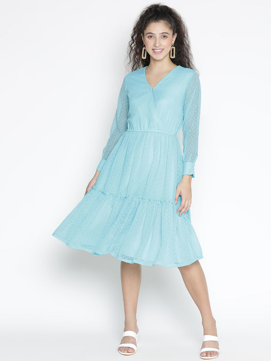 Knee Length,Blue Dress,Knee Length Dress,V-Neck Dress,Full Sleeves Dress,Blue Solid Dress