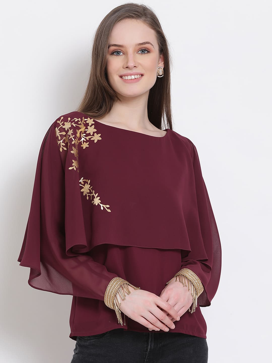 Regular,Maroon Top,Regular Top,Round Neck Top,Quater Sleeves Top,Maroon Embellished Top