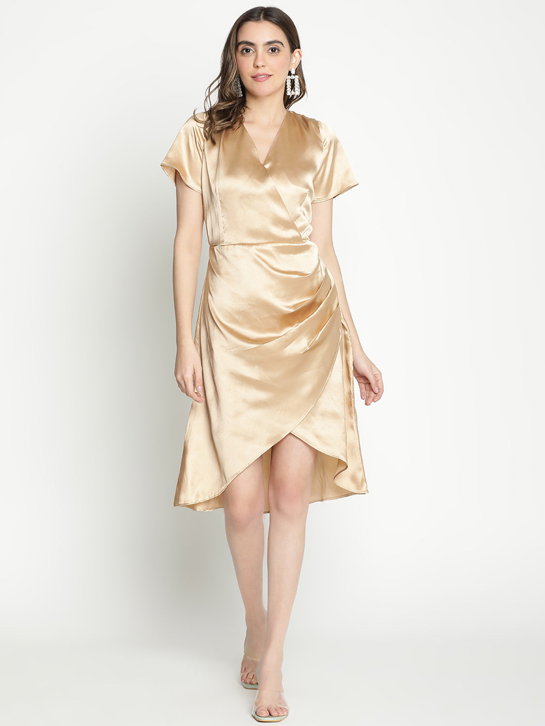 Knee Length,Gold Dress,Knee Length Dress,V-Neck Dress,Short Sleeves Dress,Gold Solid Dress