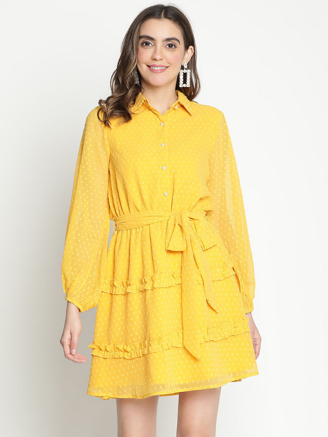 Knee Length,Yellow Dress,Knee Length Dress,Collared Neck Dress,Full Sleeves Dress,Yellow Solid Dress