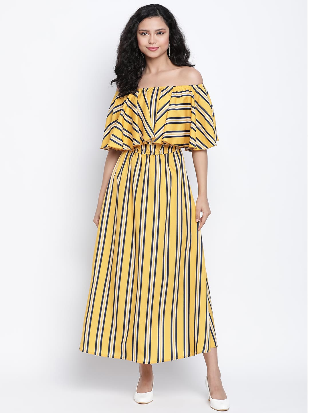 Midi,Yellow Dress,Midi Dress,Off Shoulder Dress,Sleeveless Dress,Yellow Stripes Dress