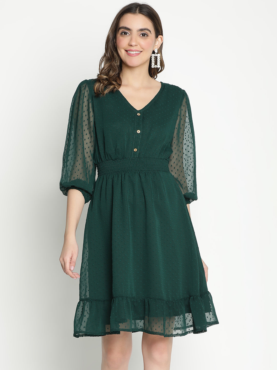 Knee Length,Green Dress,Knee Length Dress,V-Neck Dress,Quater Sleeves Dress,Green Solid Dress