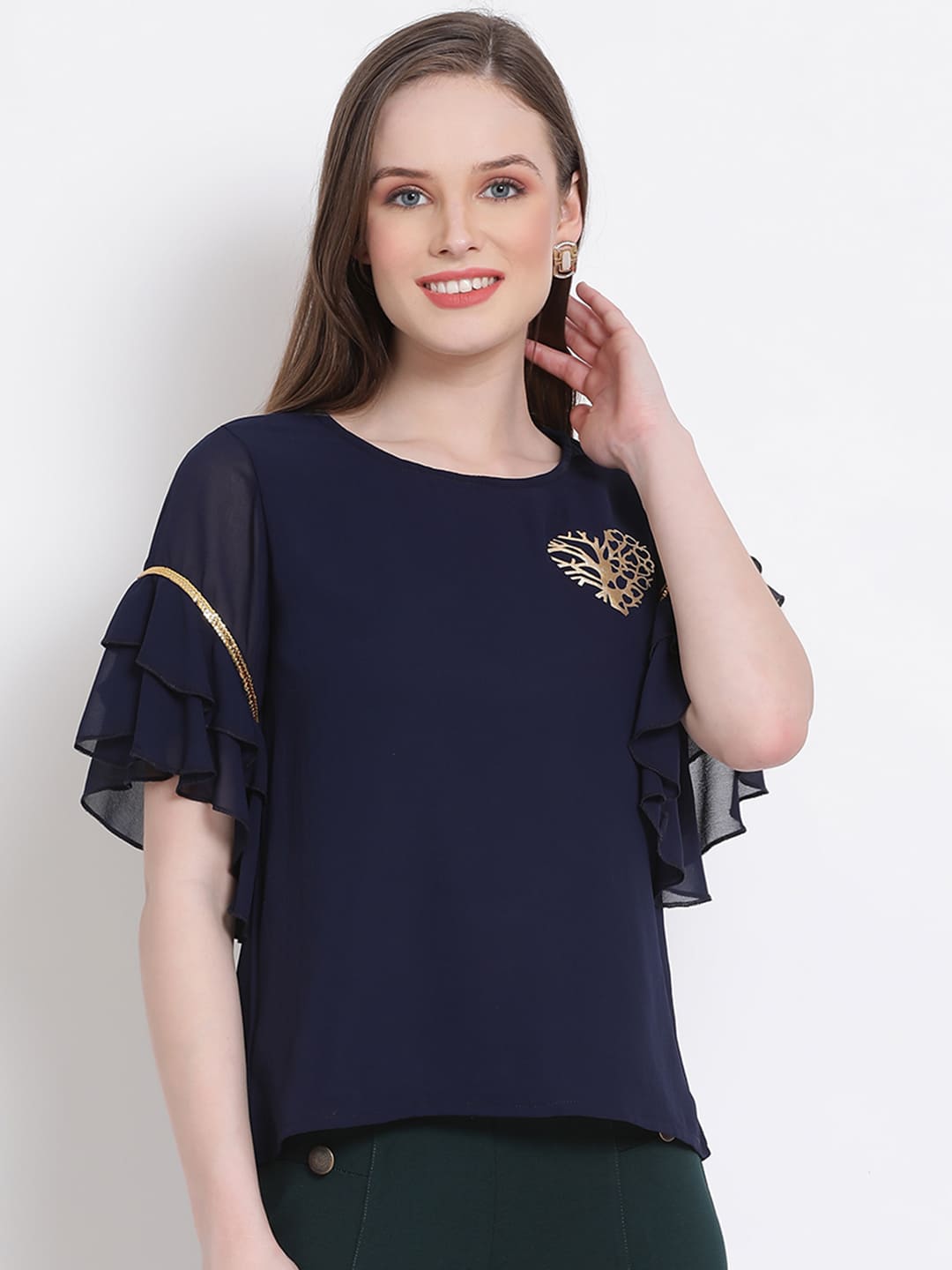 Regular,Blue Top,Regular Top,Round Neck Top,Short Sleeves Top,Blue Embellished Top