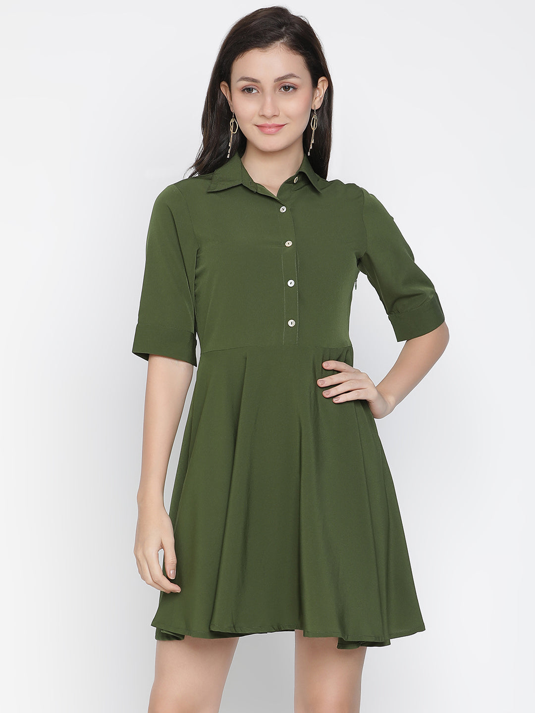 Knee Length,Green Dress,Knee Length Dress,Collared Neck Dress,Short Sleeves Dress,Green Solid Dress