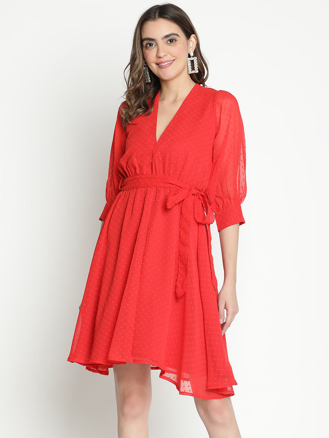 Knee Length,Red Dress,Knee Length Dress,V-Neck Dress,Quater Sleeves Dress,Red Solid Dress