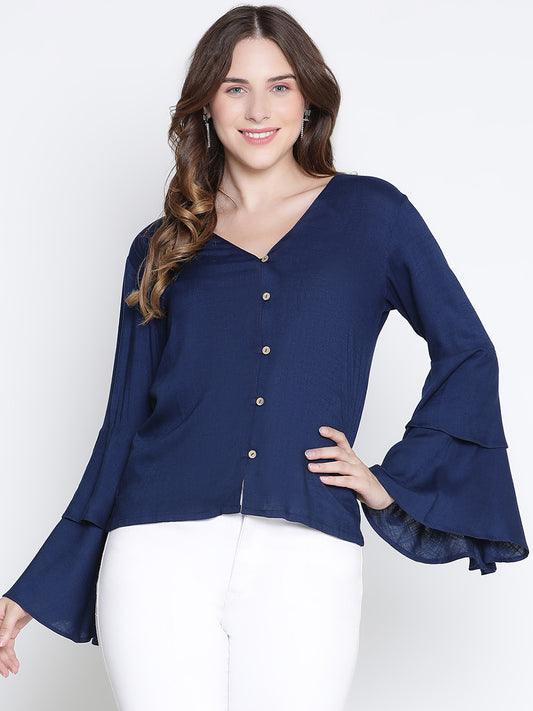 Regular,Blue Top,Regular Top,V-Neck Top,Full Sleeves Top,Blue Solid Top