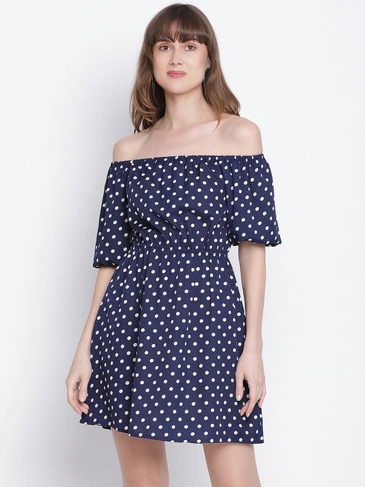 Knee Length,Blue Dress,Knee Length Dress,Off Shoulder Dress,Sleeveless Dress,Blue Polka Dots Dress