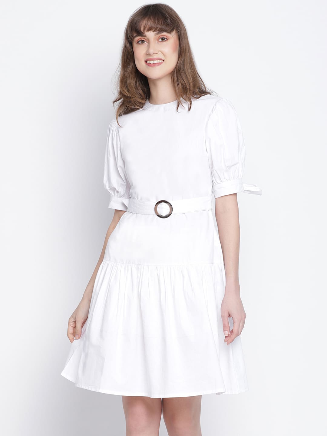 Knee Length,White Dress,Knee Length Dress,Round Neck Dress,Short Sleeves Dress,White Solid Dress