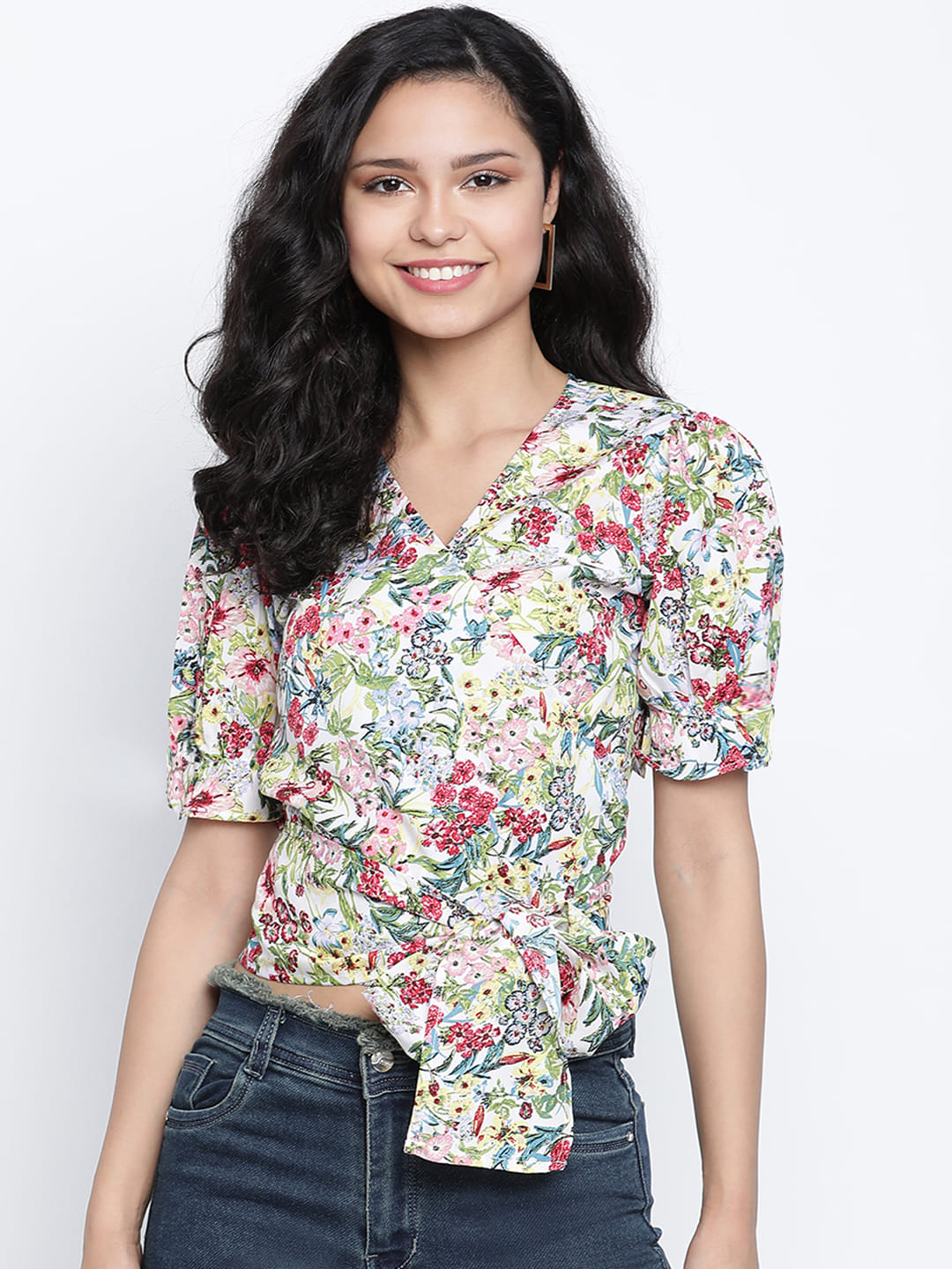 Crop Top,Multicolor Top,Crop Top,V-Neck Top,Short Sleeves Top,Multi Floral Print Top