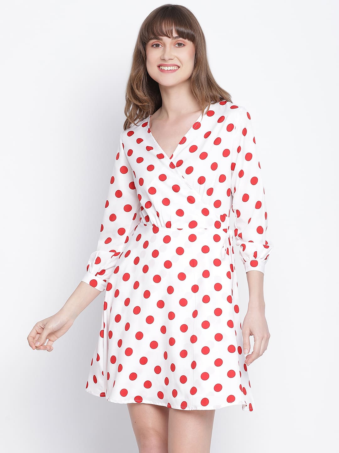 Knee Length,Multicolor Dress,Knee Length Dress,V-Neck Dress,Quater Sleeves Dress,Multi Polka Dots Dress