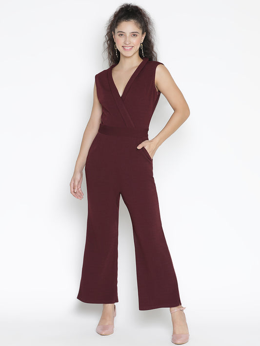 Ankle Length,Brown Jumpsuit,Ankle Length Jumpsuit,V-Neck Jumpsuit,Sleeveless Jumpsuit,Brown Solid Jumpsuit