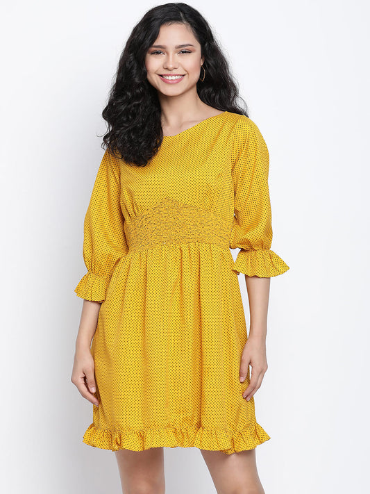 Knee Length,Yellow Dress,Knee Length Dress,Round Neck Dress,Quater Sleeves Dress,Yellow Solid Dress