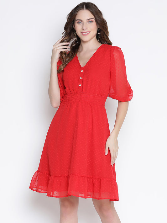 Knee Length,Red Dress,Knee Length Dress,V-Neck Dress,Short Sleeves Dress,Red Solid Dress