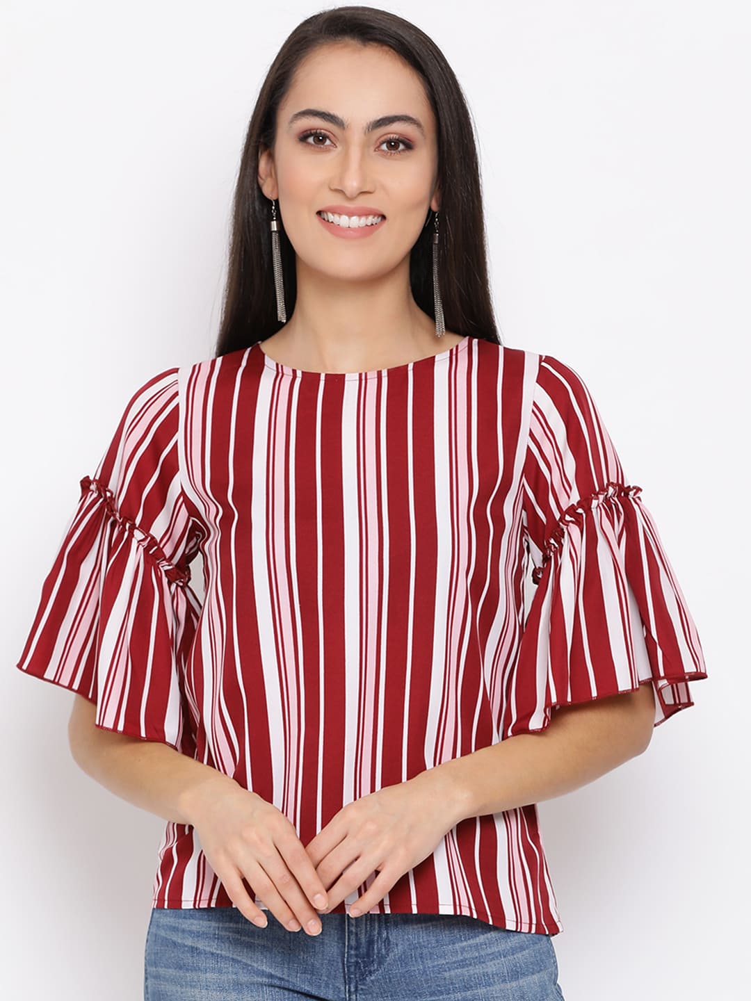 Regular,Red Top,Regular Top,Round Neck Top,Quater Sleeves Top,Red Stripes Top