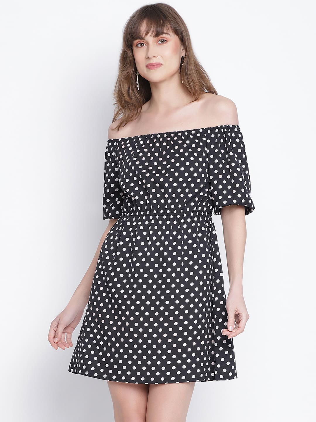 Knee Length,Black Dress,Knee Length Dress,Off Shoulder Dress,Sleeveless Dress,Black Polka Dot Dress