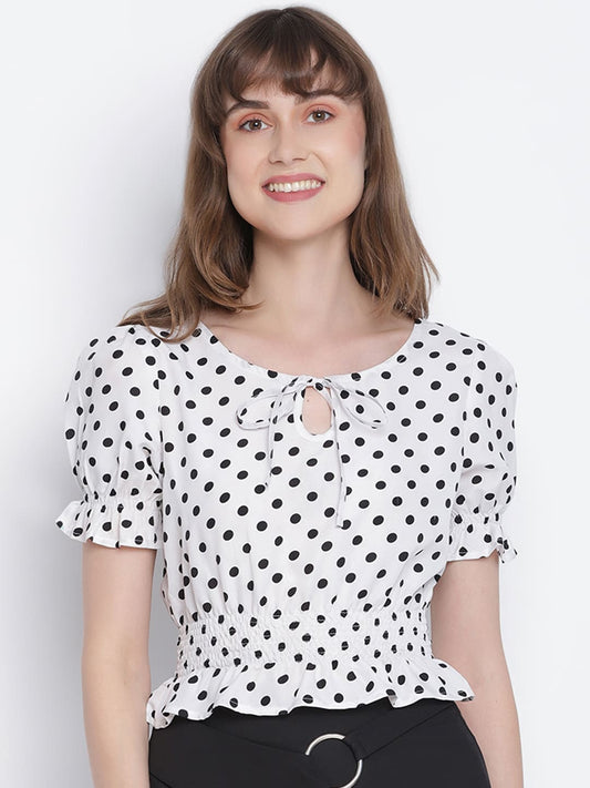 Crop Top,White Top,Crop Top,Round Neck Top,Short Sleeves Top,White Polka Dot Top