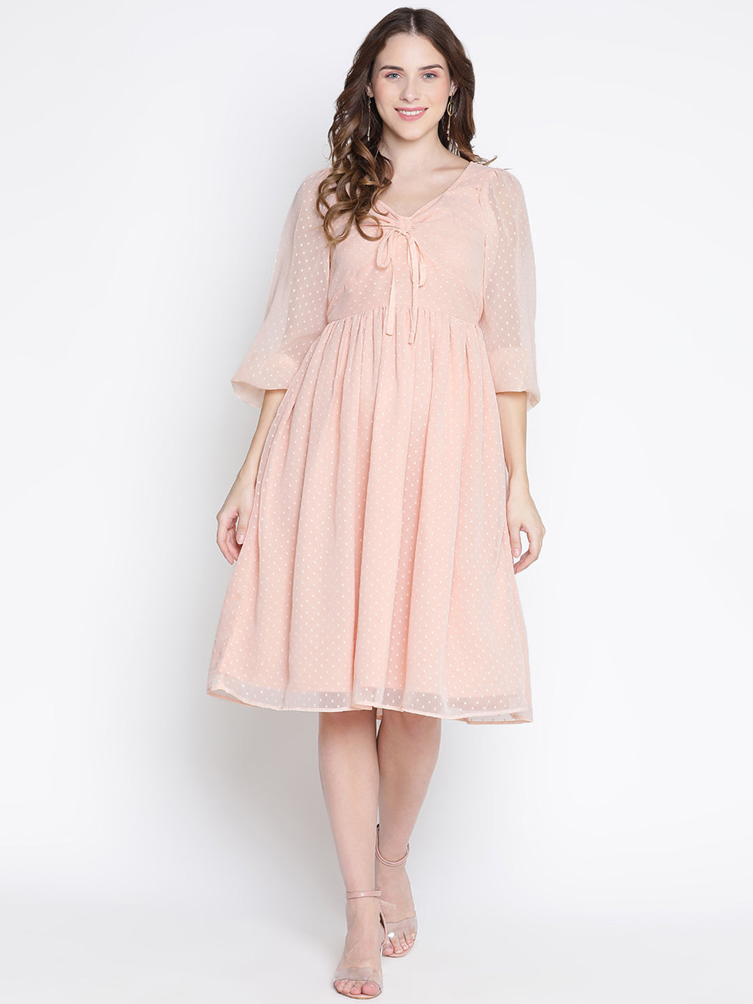 Knee Length,Peach Dress,Knee Length Dress,Collared Neck Dress,Quater Sleeves Dress,Peach Solid Dress