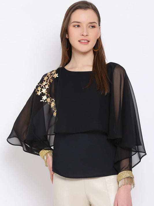 Regular,Black Top,Regular Top,Round Neck Top,Quater Sleeves Top,Black Embellished Top