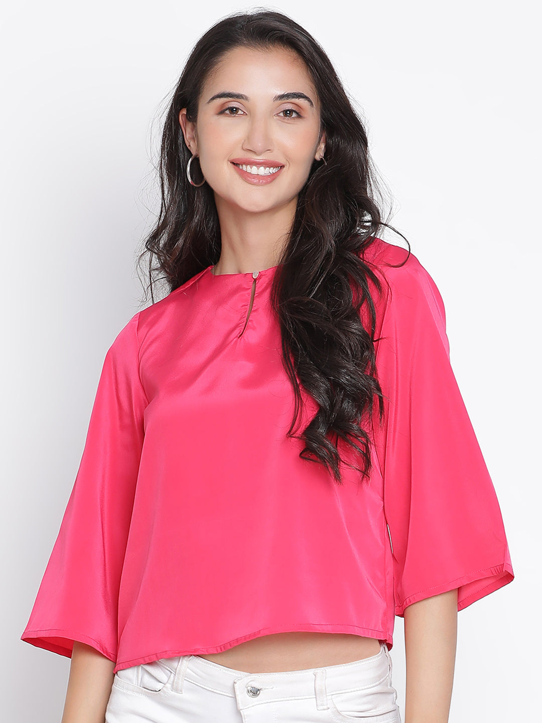 Crop Top,Pink Top,Crop Top,Round Neck Top,Quater Sleeves Top,Pink Solid Top