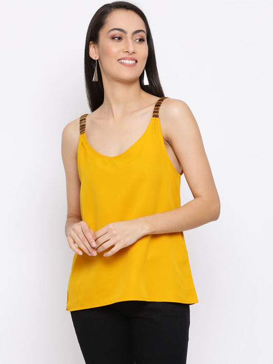 Spaghetti Top,Yellow Top,Spaghetti Top,V-Neck Top,Sleeveless Top,Yellow Solid Top