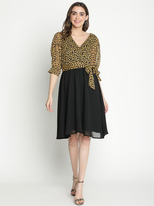 Knee Length,Multicolor Dress,Knee Length Dress,V-Neck Dress,Quater Sleeves Dress,Multi Floral Print Dress