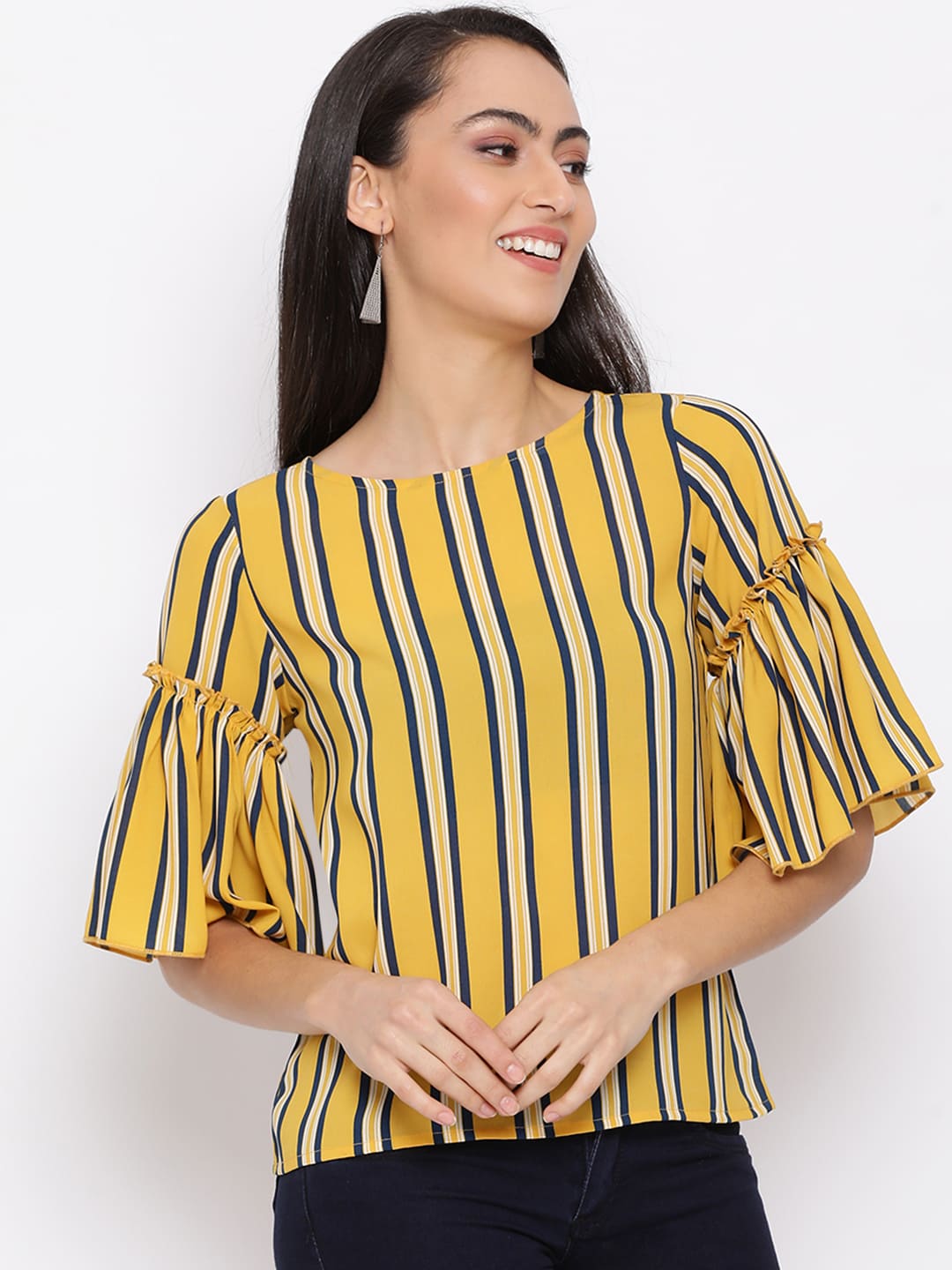 Regular,Yellow Top,Regular Top,Round Neck Top,Quater Sleeves Top,Yellow Stripes Top