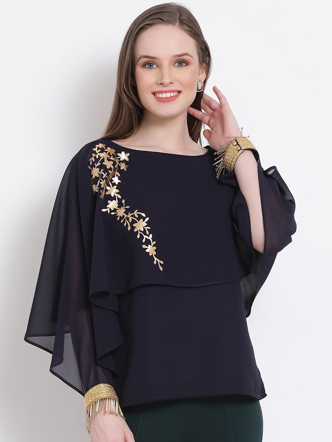 Regular,Blue Top,Regular Top,Round Neck Top,Quater Sleeves Top,Blue Embellished Top