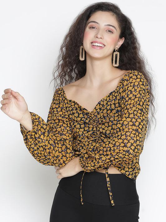 Crop Top,Yellow Top,Crop Top,V-Neck Top,Full Sleeves Top,Yellow Animal Print Top