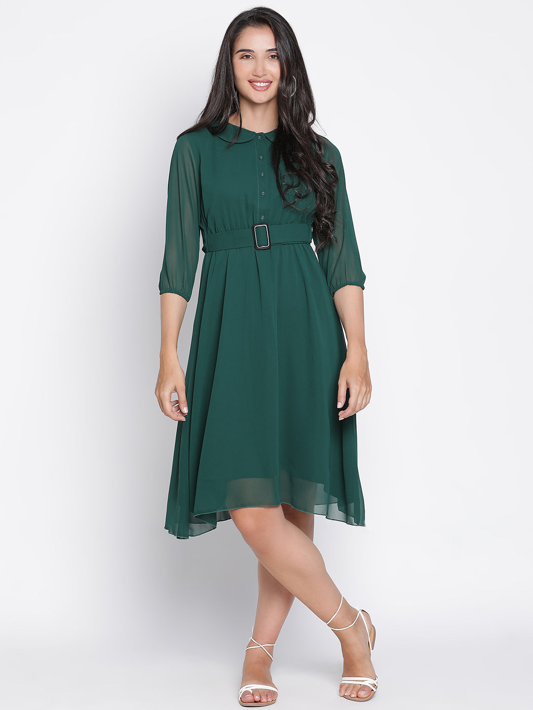 Knee Length,Green Dress,Knee Length Dress,Collared Neck Dress,Quater Sleeves Dress,Green Solid Dress