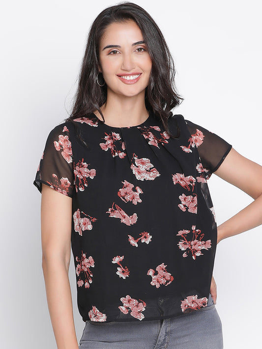 Regular,Multicolor Top,Regular Top,Round Neck Top,Short Sleeves Top,Multi Floral Print Top