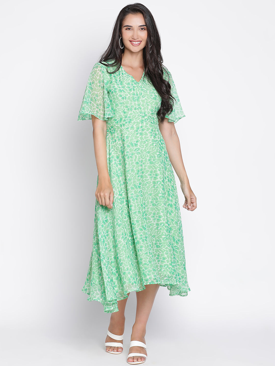 Midi,Green Dress,Midi Dress,V-Neck Dress,Short Sleeves Dress,Green Floral Print Dress