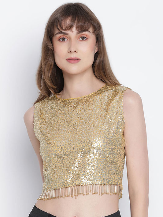 Crop Top,Gold Top,Crop Top,Round Neck Top,Sleeveless Top,Gold Sequined Top