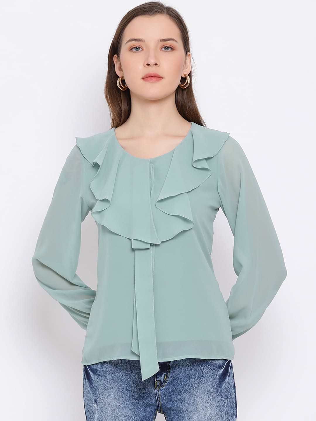 Regular,Green Top,Regular Top,V-Neck Top,Full Sleeves Top,Green Solid Top