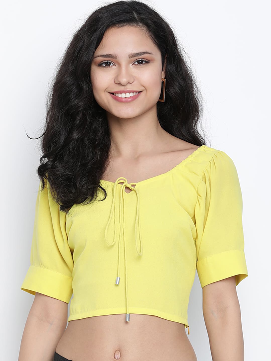 Crop Top,Yellow Top,Crop Top,Round Neck Top,Short Sleeves Top,Yellow Solid Top