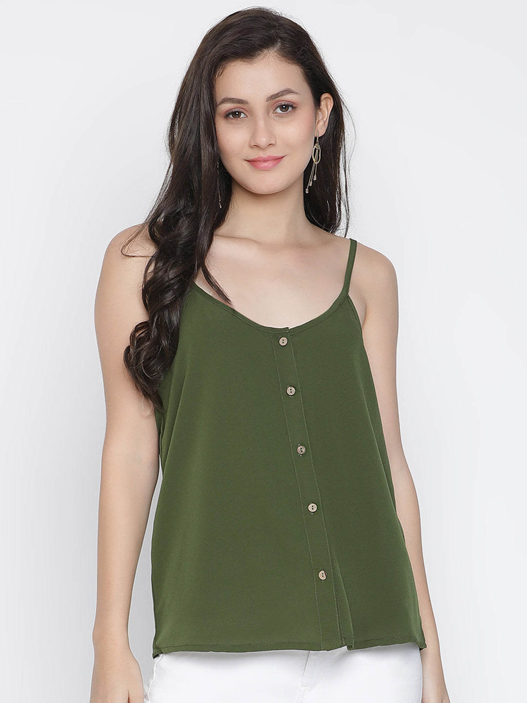 Spaghetti Top,Green Top,Spaghetti Top,Round Neck Top,Sleeveless Top,Green Solid Top