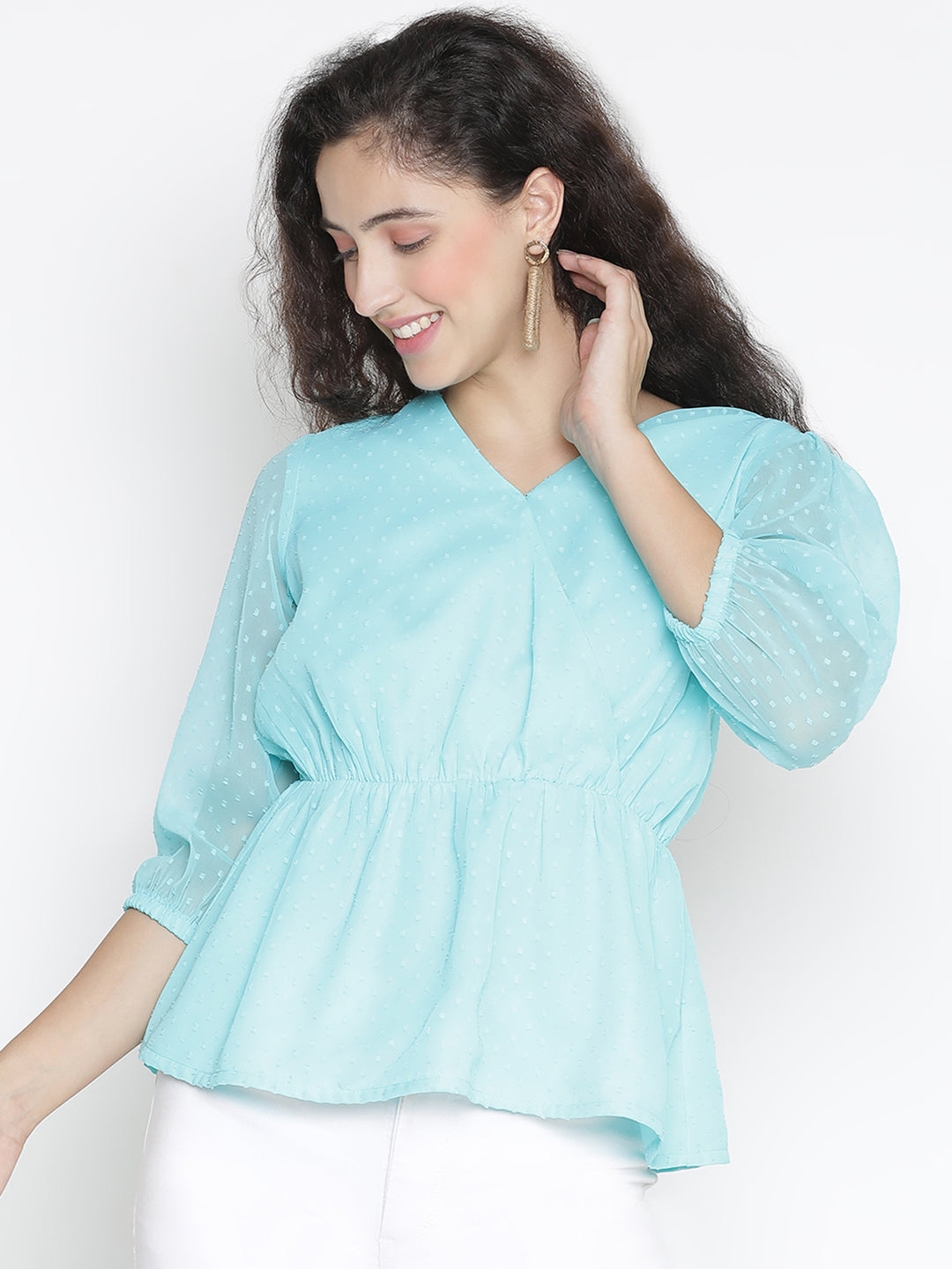 Regular,Blue Top,Regular Top,V-Neck Top,Quater Sleeves Top,Blue Solid Top