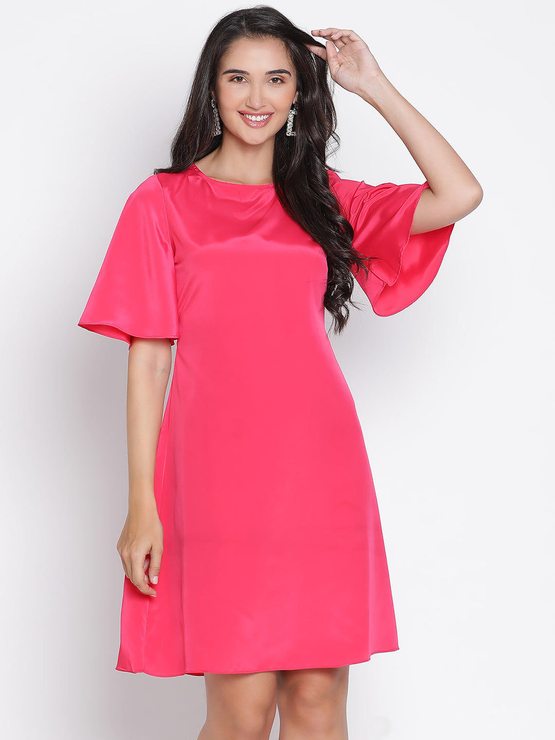 Above Knee,Pink Dress,Above Knee Dress,Round Neck Dress,Short Sleeves Dress,Pink Solid Dress